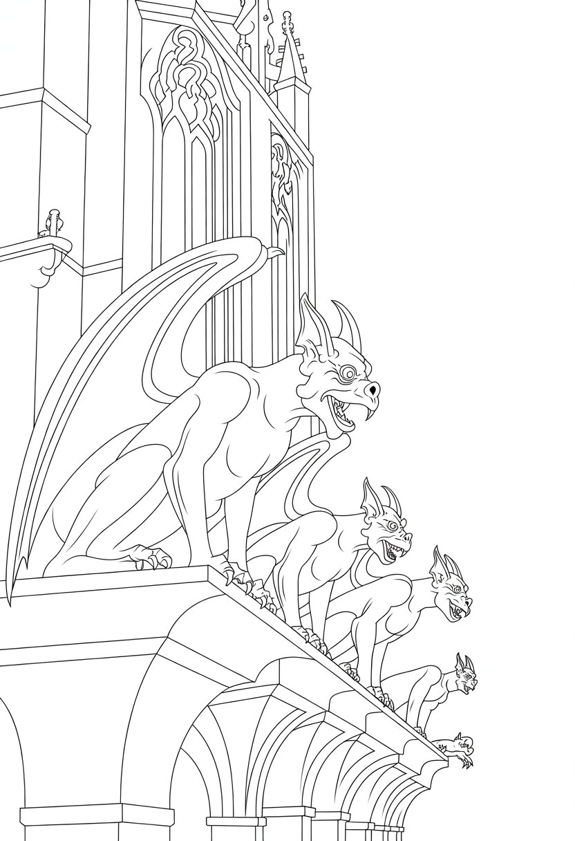 Gothic Coloring Pages for Adults: Top 20 Designs to Download as PDF and Png Files. 33 Several gargoyle statues perched on a cathedral ledge with pointed arches and architectural details in the background.